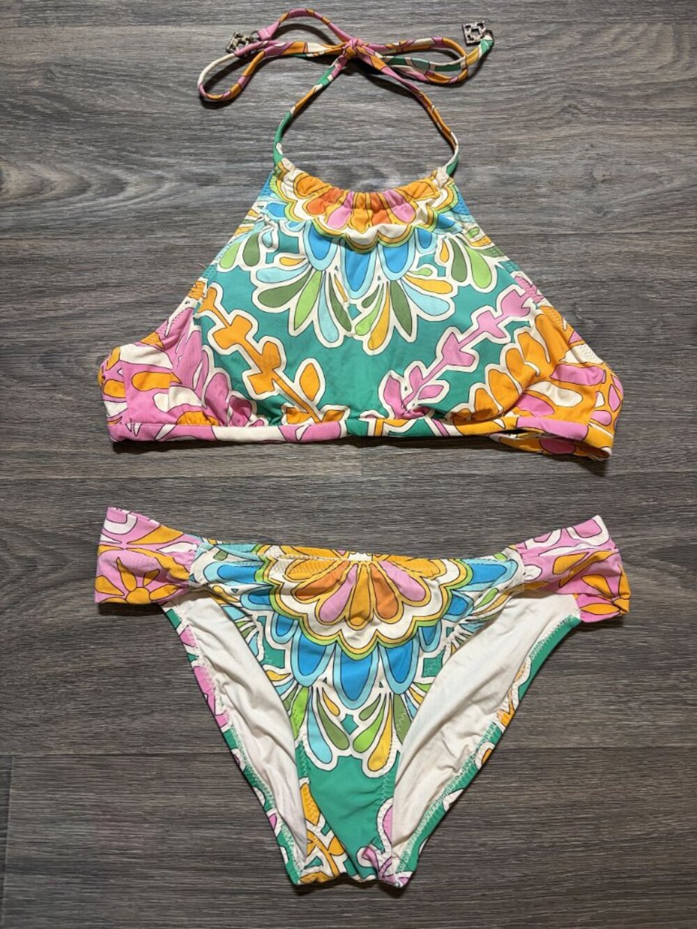 Trina Turk Tamarindo High Neck Halter Bikini Set M/L Style Swim Floral Print